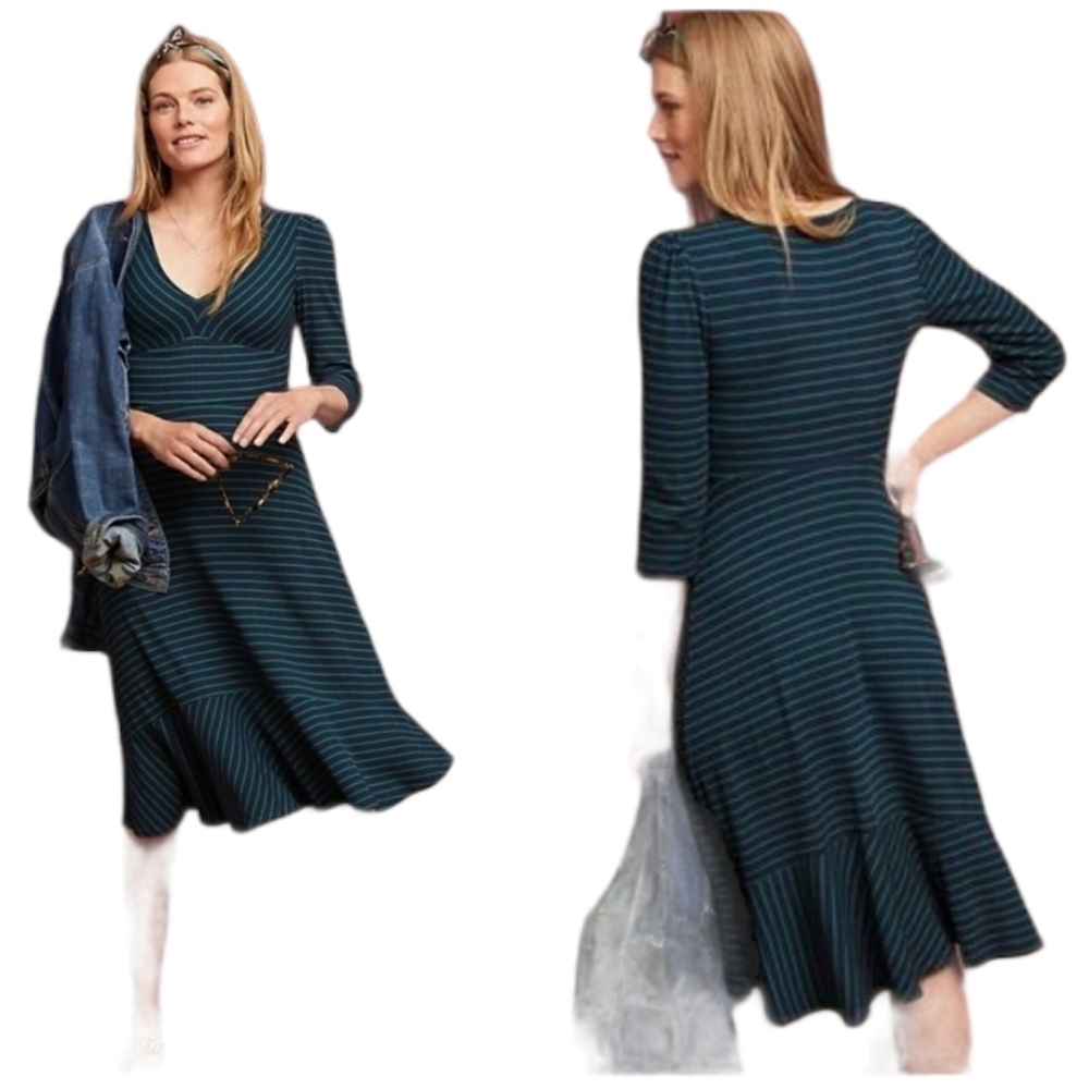 Maeve By Anthropologie Flores Striped Dress XS Green/Blue Stripe, Flounced‎ Hem